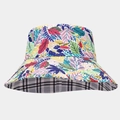 Detail of wide brim sun hat showing vibrant leaf print and black and white check pattern - M (56-58cm) / Multicolor Floral Patchwork & Black-White Plaid (11#)