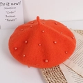 Orange children's wool beret with white pearls and a cute decorative top tip - One Size / Orange