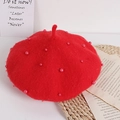 Vibrant red wool felt beret for girls with matching pearl accents and elegant styling - One Size / Red