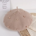 Cute kids oatmeal knitted beret with faux pearl embellishments and classic stalk top - One Size / Khaki
