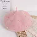 Pink knitted children's beret hat with elegant pearl decorations for baby girls - One Size / Pink
