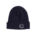 Navy blue ribbed knit beanie with white embroidered smiley face on the folded brim - Navy Blue