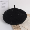 Classic black wool beret for kids decorated with matching glossy black pearls - One Size / Black