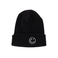 Black knitted beanie hat with white smiley face embroidery on folded brim - Black