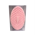 Pink oval silicone baby massage bath brush with soft bristles in clear plastic box - Pink