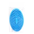 Blue oval silicone baby bath brush with soft massage bristles in clear box packaging - Dark Blue