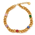 Golden stainless steel chain bracelet with colorful round zircon stones and S.steel tag - Five-Color Round Faceted Gemstone Chunky Chain Bracelet (SAK759)
