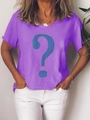 Close-up of a purple V-neck short sleeve T-shirt with a large blue question mark print - S / Tops / Purple