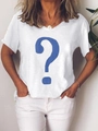 Detail of a women's white cotton T-shirt featuring a blue question mark graphic print - White