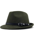 Chapeau de jazz classique en laine vert foncé avec ceinture en cuir noir et boucle - M (56-58cm) / Vert