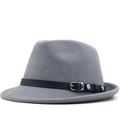 Detail of grey wool fedora hat featuring black leather belt with silver buckle decoration - M (56-58cm) / Gray