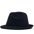 Detail of a vintage black wool fedora featuring a classic pinch front and narrow brim - M (56-58cm) / Black