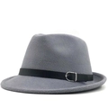 Close-up of gray wool fedora hat with black leather belt and silver metal buckle - M (56-58cm) / Gray