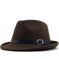 Classic dark brown wool fedora hat with a black leather belt and silver metal buckle - M (56-58cm) / Coffee