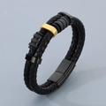 Men's double-layered black woven leather bracelet with stylish gold metal accents - Style B Black Gold (KB179972-YA)