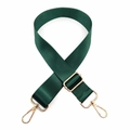 Detail of adjustable dark green nylon shoulder strap with gold metal hooks and buckles - Gold Buckle / Dark Green