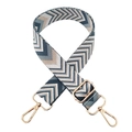 Detail of adjustable woven wide bag strap with arrow pattern and gold metal buckles - J20 - Grayish Blue / Antique Brass Hardware