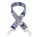 Close-up of blue wave pattern woven bag strap with golden metal swivel hooks and buckle - J16 - Royal Blue / Antique Brass Hardware