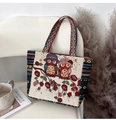 Ethnic style canvas tote bag featuring floral owl embroidery and bohemian patterned straps - Beige Owl Red Flower