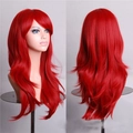 Vista frontal y trasera de una peluca roja larga ondulada de 70 cm para cosplay - Rojo Brillante
