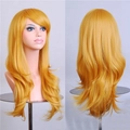 Vista frontal y trasera de una peluca larga rizada dorada de 70cm para cosplay con capas - Amarillo Dorado