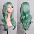 Vista frontal y trasera de peluca cosplay verde azulado de 70 cm con rizos largos y suaves - Verde