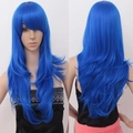 Vista frontal y trasera de una peluca larga azul ondulada de 70 cm para cosplay con volumen - Azul