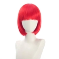 Detailed view of short red bob cosplay wig with bangs on a professional mannequin - Red