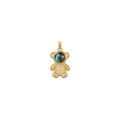 Detail of a golden bear pendant featuring a blue face and a sparkling CZ crystal belly - Aurora Bear Pendant