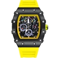 Reloj deportivo automático impermeable con correa de silicona amarilla y caja de forma tonneau - Amarillo