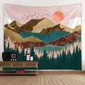 Arazzo giapponese con paesaggio montano, nuvole rosa astratte e alberi verdi fitti - 150x130cm / US 3