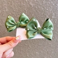Pair of green satin bow hair clips for girls with white pearls and alligator clips - Green Pair