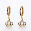 Elegant gold crown drop earrings with colorful zircon stones and secure leverback closure - Crown