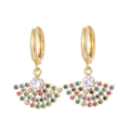 Fashionable gold fan-shaped drop earrings with colorful zircon stones on white background - Fan Style 4