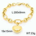 Bracciale a catena ovale in acciaio dorato con ciondolo a cuore cavo tridimensionale - Bracciale Dorato (KB183387-Z)