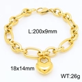 Pulsera de cadena gruesa bañada en oro de 18k con un colgante de candado de corazón pulido - Pulsera dorada (KB183408-Z)