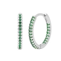 Detailed view of silver hoop earrings with pave-set green cubic zirconia stones - Silver Plated + Green Zircon