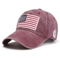 Vintage washed cotton baseball cap in burgundy with American flag embroidery and USA side text - One Size / Burgundy