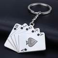 Portachiavi da poker in metallo argento con scala reale su sfondo di pelle nera - Nero