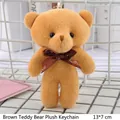 Brown teddy bear plush keychain with a 'Love' printed ribbon and a silver metal bead chain - Brown
