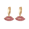 Golden lip-shaped earrings with purple zircon pavé accents and secure clip-on closure - Gold Red Zircon - Polished Hoop