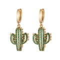 Fashionable cactus pendant earrings with green zircon pave settings and golden hoops - Style 18 (Green Stone Cactus)