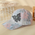 Women's floral lace baseball cap with beaded butterfly embellishment in a side view - Pink