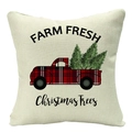 Housse de coussin en lin de Noël avec camion à carreaux rouges et sapins sur fond blanc - Style 1-Camion à Carreaux Beige