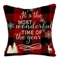 Red and black buffalo plaid Christmas pillowcase with festive typography and elk motifs - Style 8-Red Plaid Wonderful Time