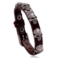 Punk style dark brown leather bracelet featuring silver metal skull studs and buckle - Dark Brown