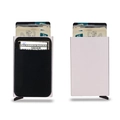 Detail view of silver RFID aluminum card holder with back elastic pocket for cash and cards - Silver