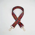 Close-up of ethnic style wide strap with colorful geometric patterns and gold metal hooks - Silver Clasp / Colorful Geometric