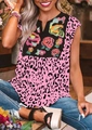 Women leopard print short sleeve t-shirt featuring pink floral splice and V-neckline - S / Tops / Red