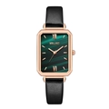 Elegant roségoud rechthoekig horloge met groene malachiet wijzerplaat en zwart leren bandje - Rechthoekige Wijzerplaat met Malachiettextuur / Groen
